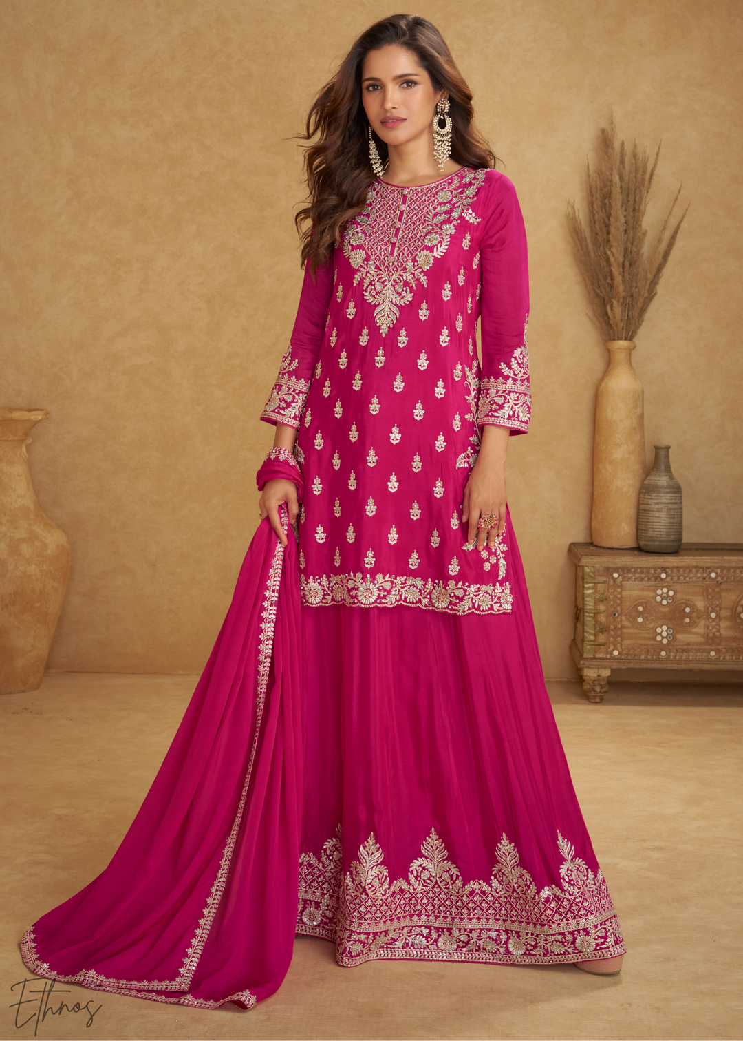 Hot Pink Embroidered Chinon Palazzo Suit