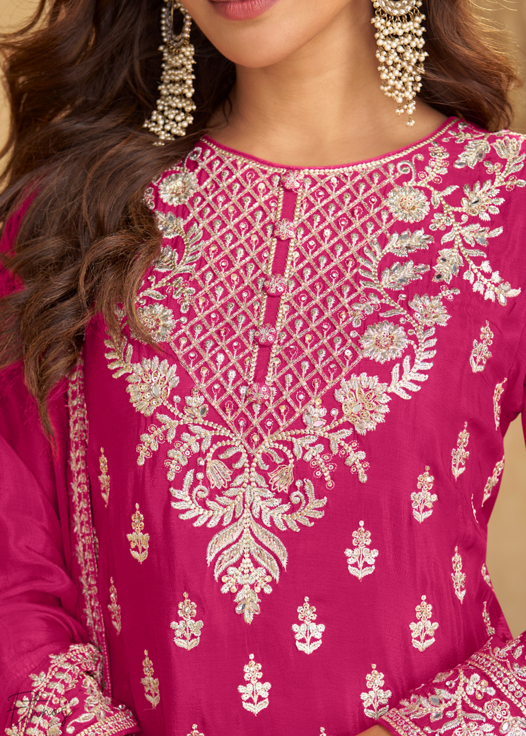 Hot Pink Embroidered Chinon Palazzo Suit