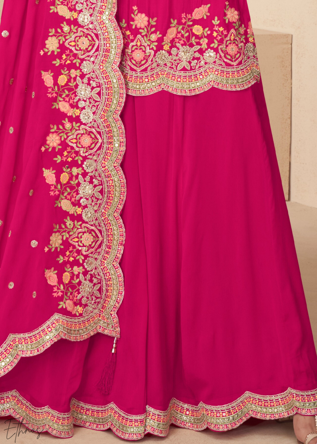 Hot Pink Embroidered Chinon Palazzo Suit