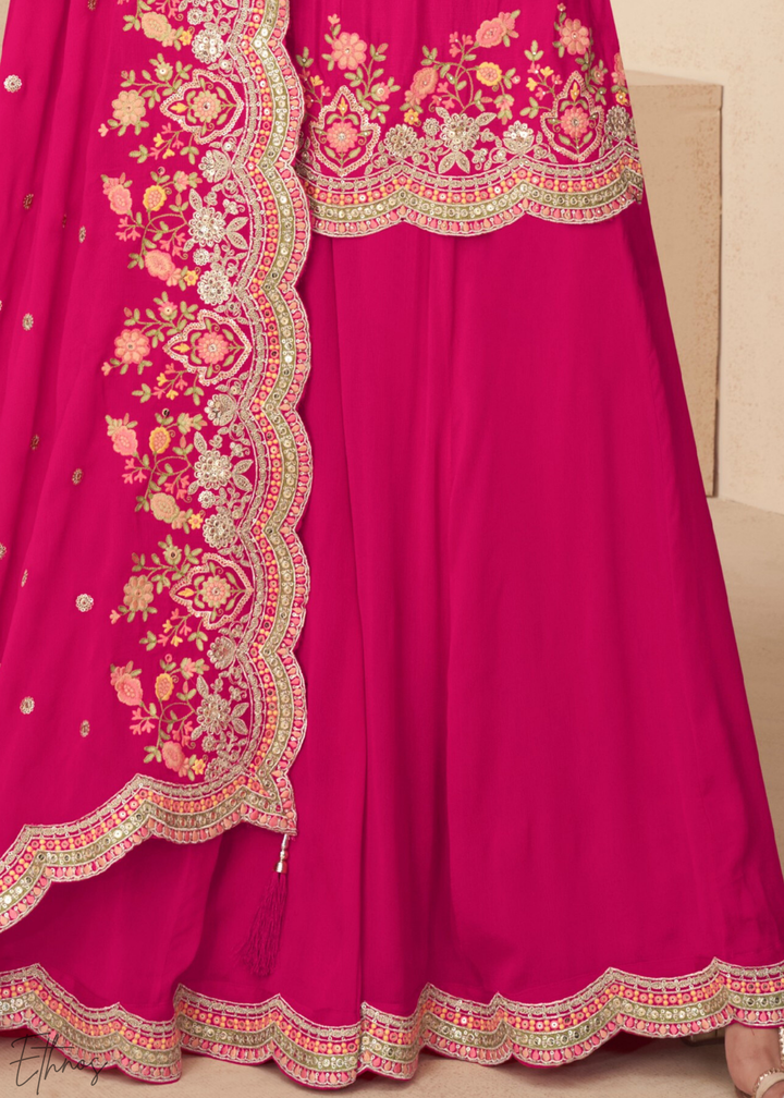 Hot Pink Embroidered Chinon Palazzo Suit