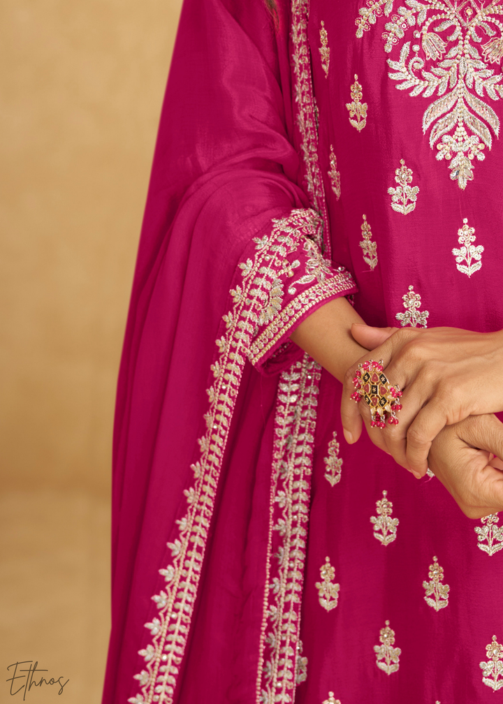 Hot Pink Embroidered Chinon Palazzo Suit