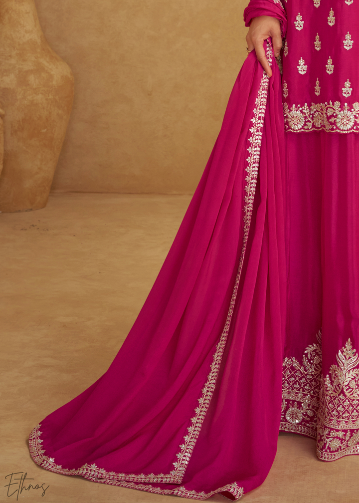 Hot Pink Embroidered Chinon Palazzo Suit