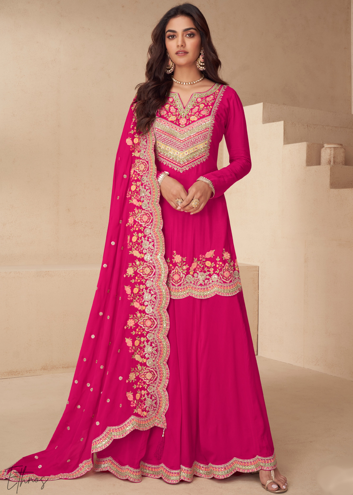 Hot Pink Embroidered Chinon Palazzo Suit