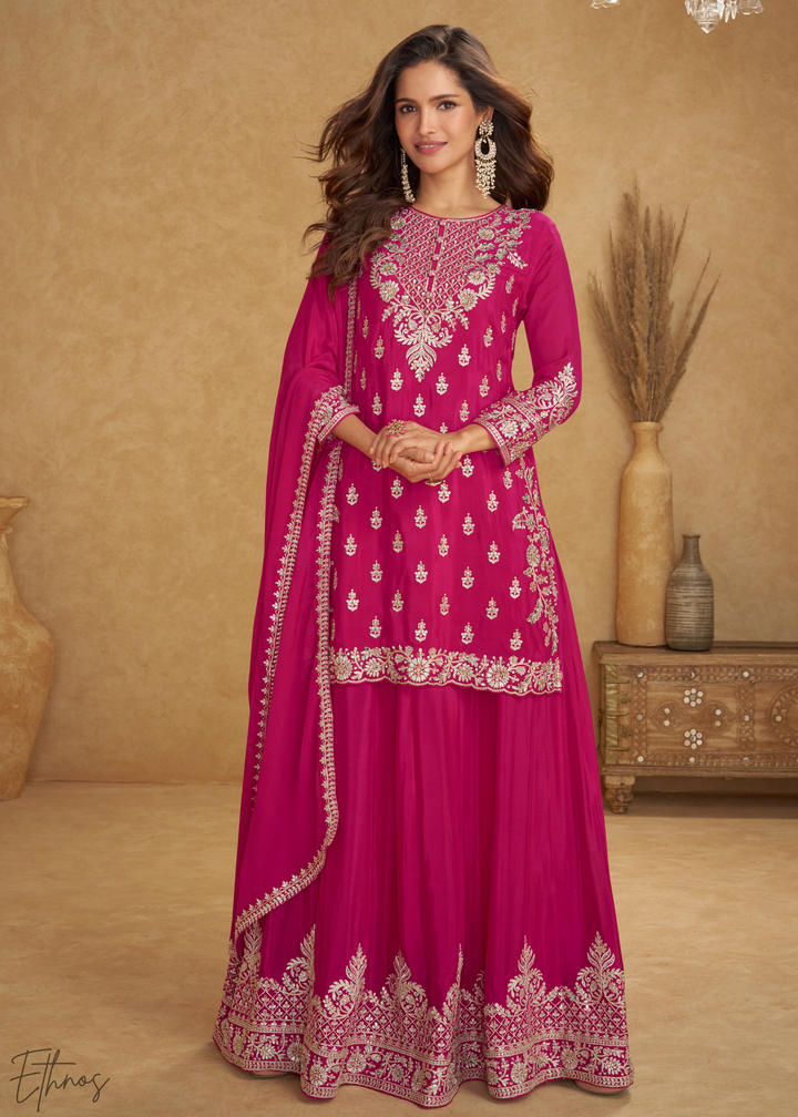 Hot Pink Embroidered Chinon Palazzo Suit