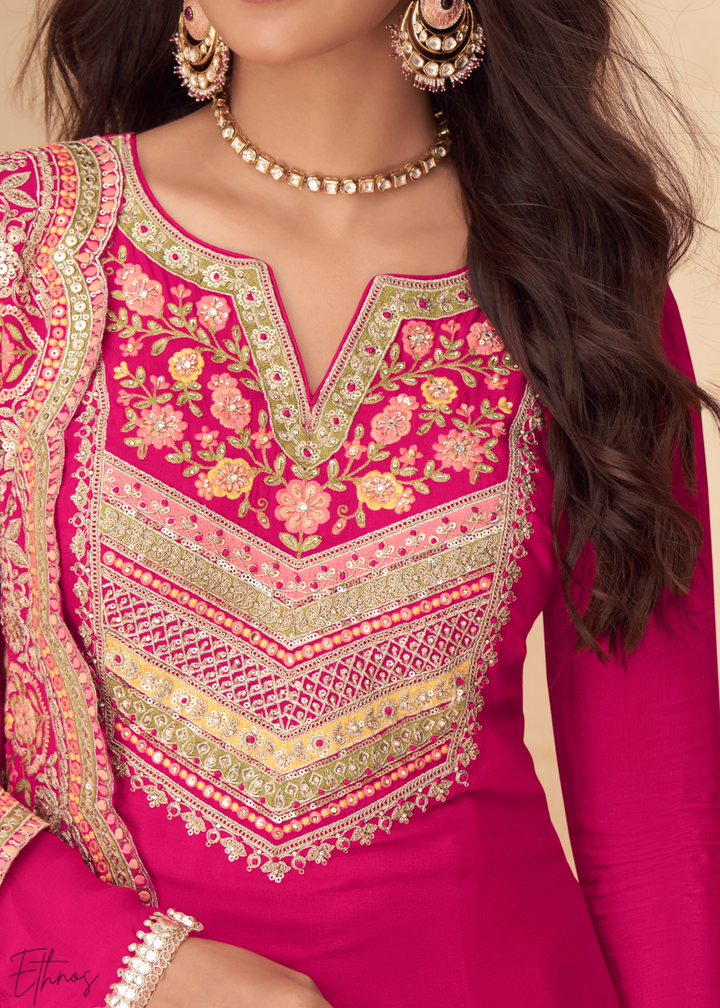 Hot Pink Embroidered Chinon Palazzo Suit