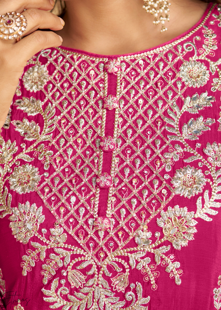 Hot Pink Embroidered Chinon Palazzo Suit