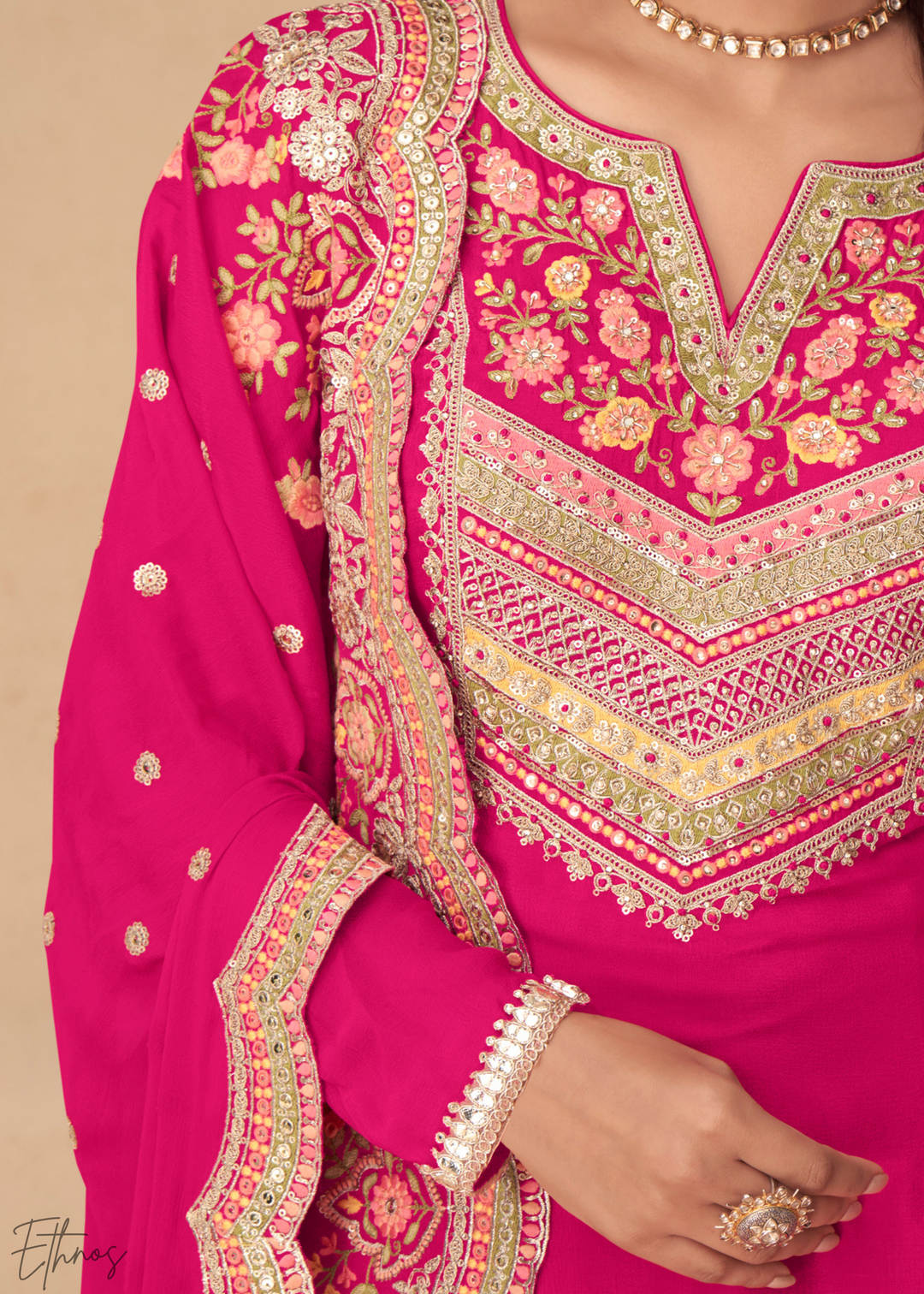 Hot Pink Embroidered Chinon Palazzo Suit