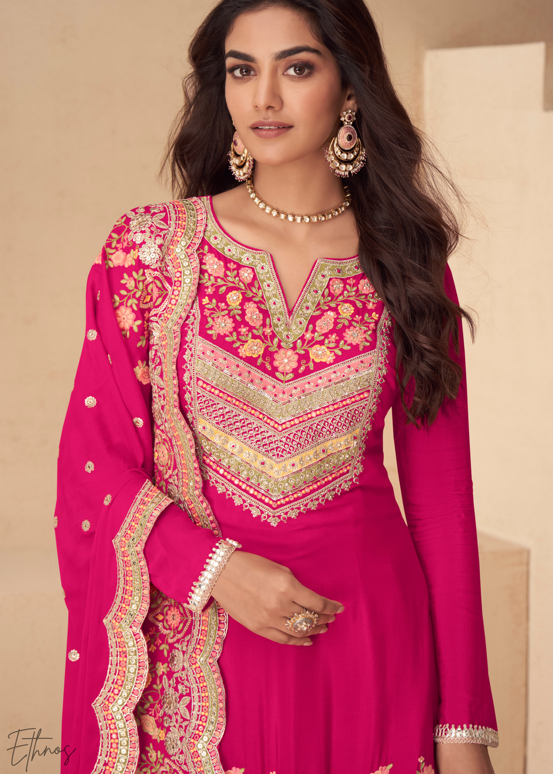 Hot Pink Embroidered Chinon Palazzo Suit