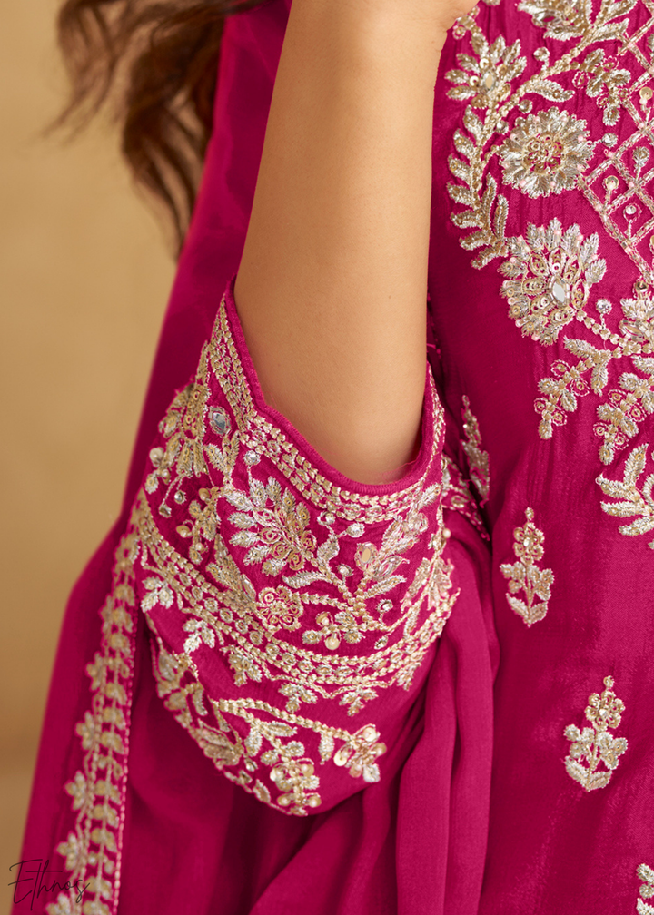 Hot Pink Embroidered Chinon Palazzo Suit