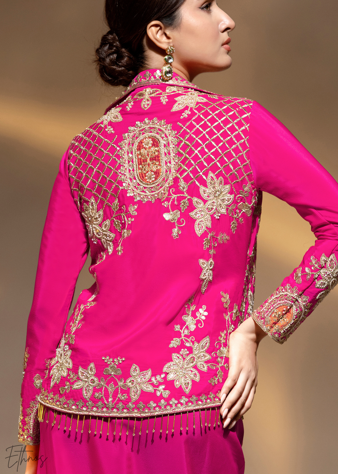 Hot Pink Embroidered Crepe Jacket Dhoti Suit