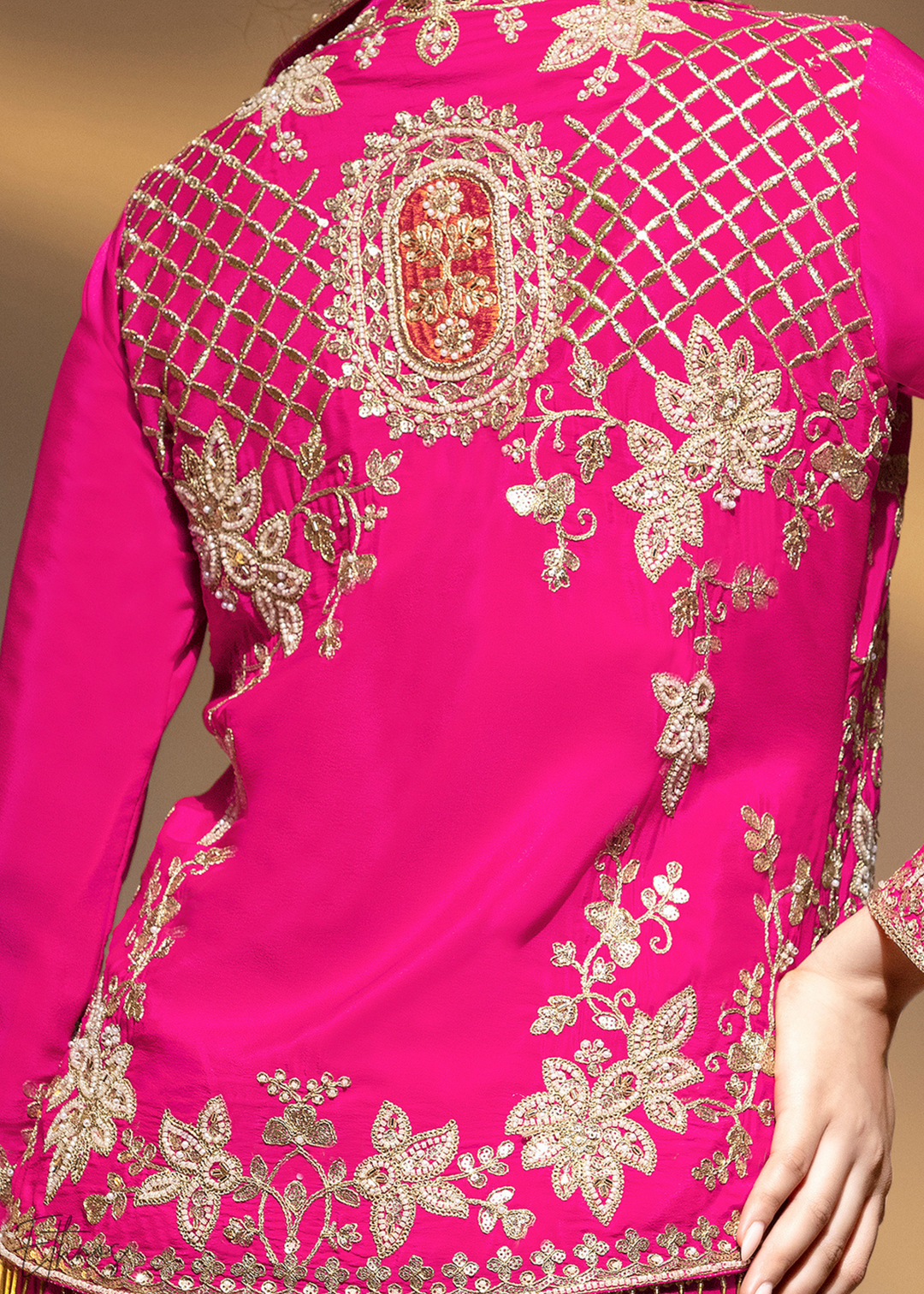 Hot Pink Embroidered Crepe Jacket Dhoti Suit
