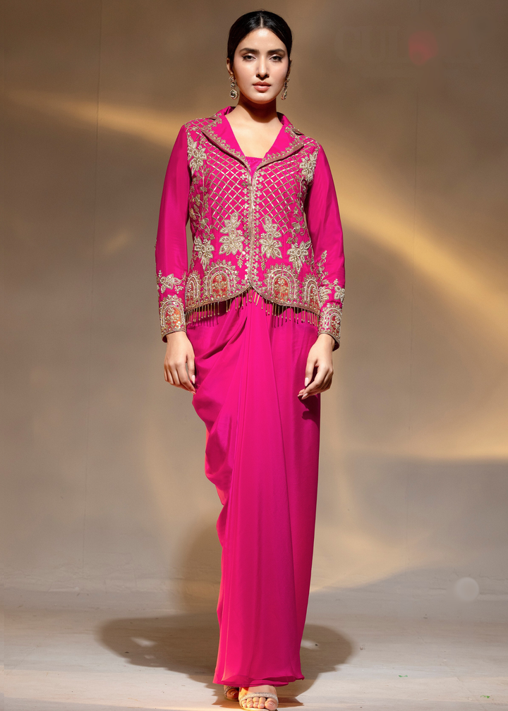 Hot Pink Embroidered Crepe Jacket Dhoti Suit