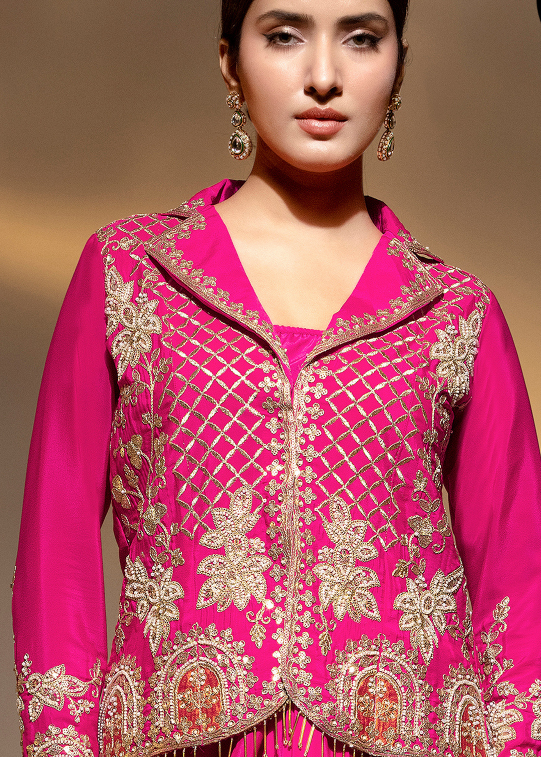 Hot Pink Embroidered Crepe Jacket Dhoti Suit
