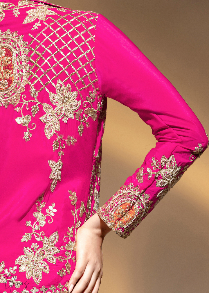 Hot Pink Embroidered Crepe Jacket Dhoti Suit