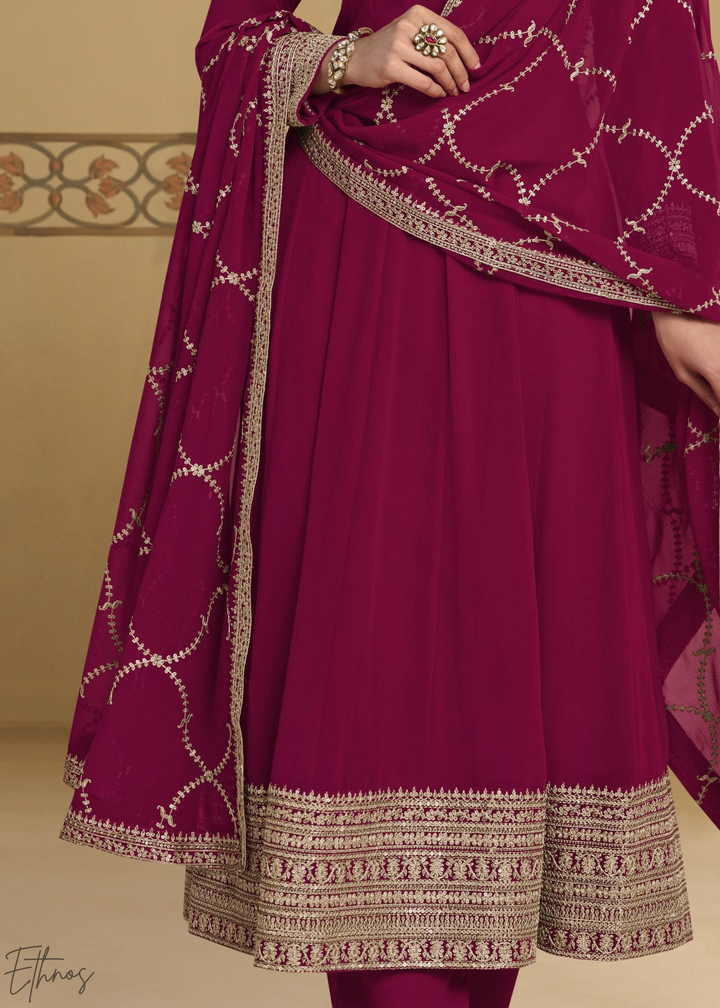 Hot Pink Embroidered  Georgette Anarkali Suit