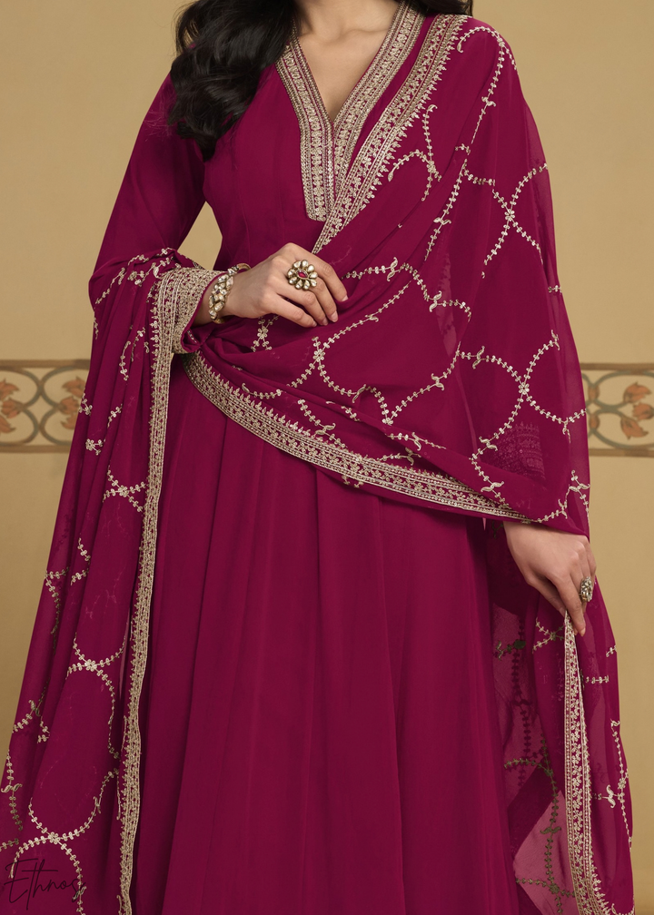 Hot Pink Embroidered  Georgette Anarkali Suit