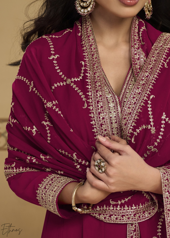 Hot Pink Embroidered  Georgette Anarkali Suit