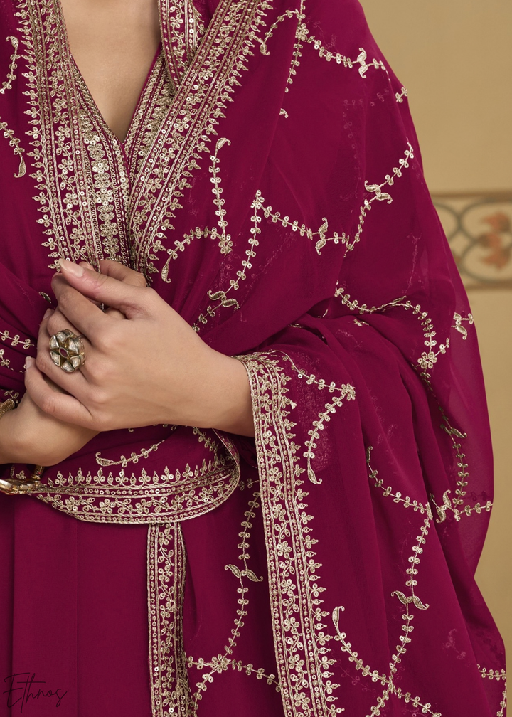 Hot Pink Embroidered  Georgette Anarkali Suit