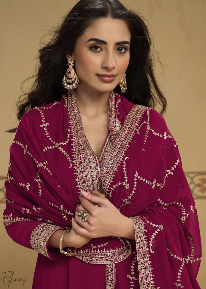 Hot Pink Embroidered  Georgette Anarkali Suit