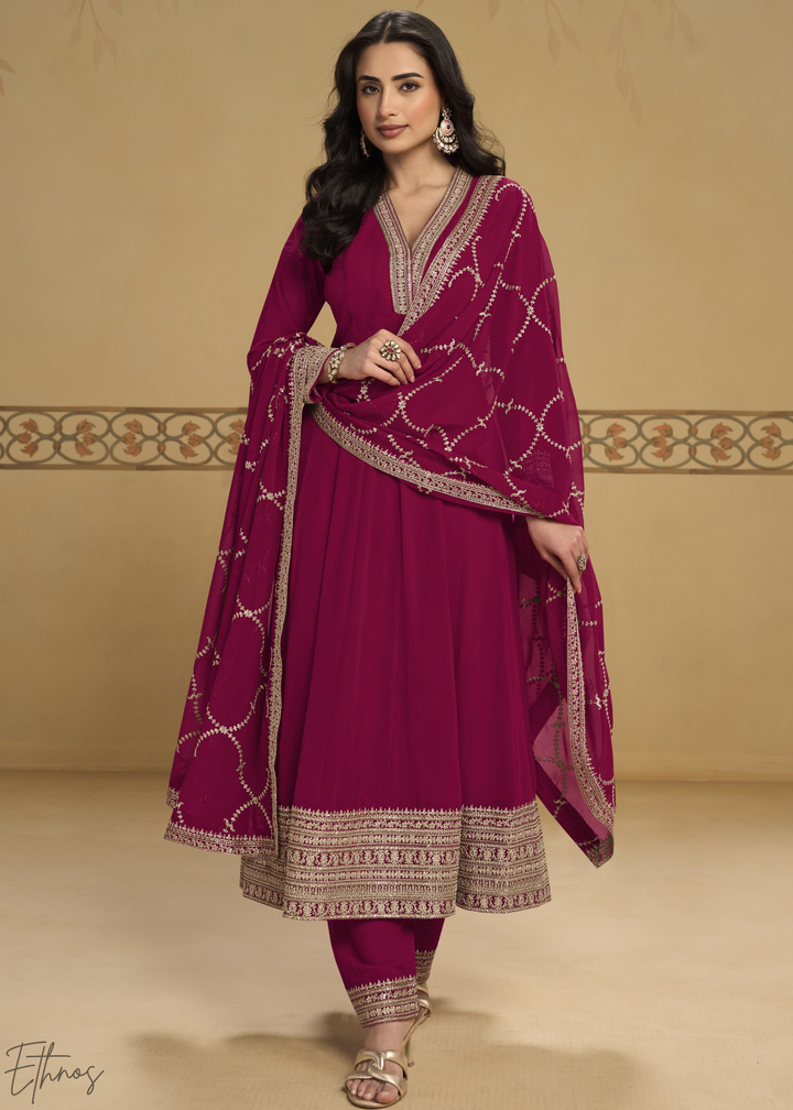 Hot Pink Embroidered  Georgette Anarkali Suit