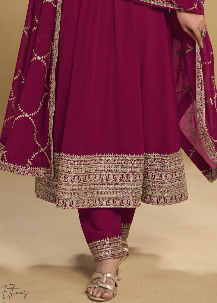 Hot Pink Embroidered  Georgette Anarkali Suit