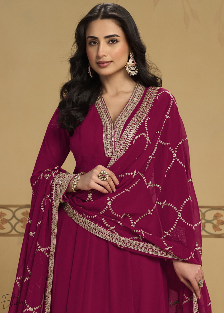 Hot Pink Embroidered  Georgette Anarkali Suit
