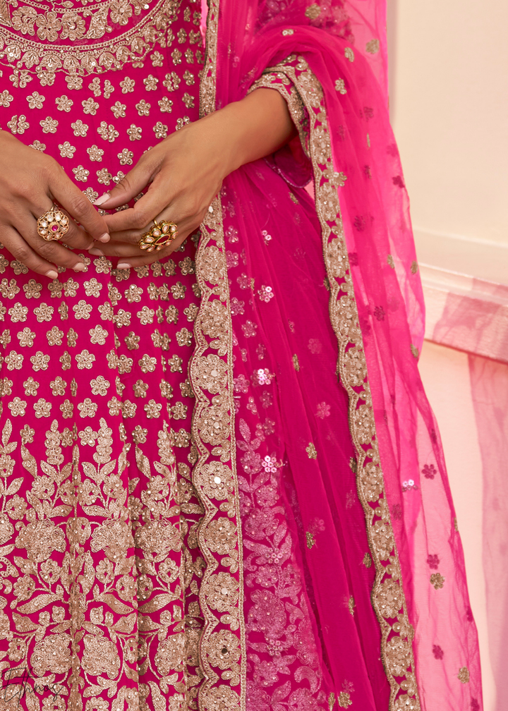 Hot Pink Georgette Anarkali Lehenga Suit