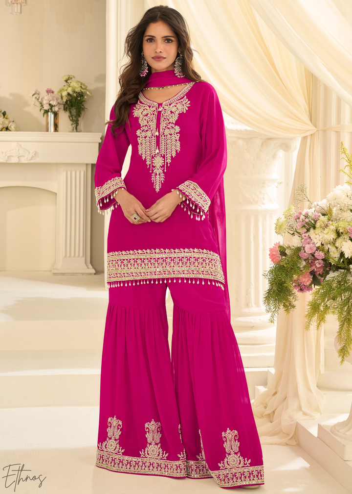 Hot Pink Detailed Georgette Sharara Suit