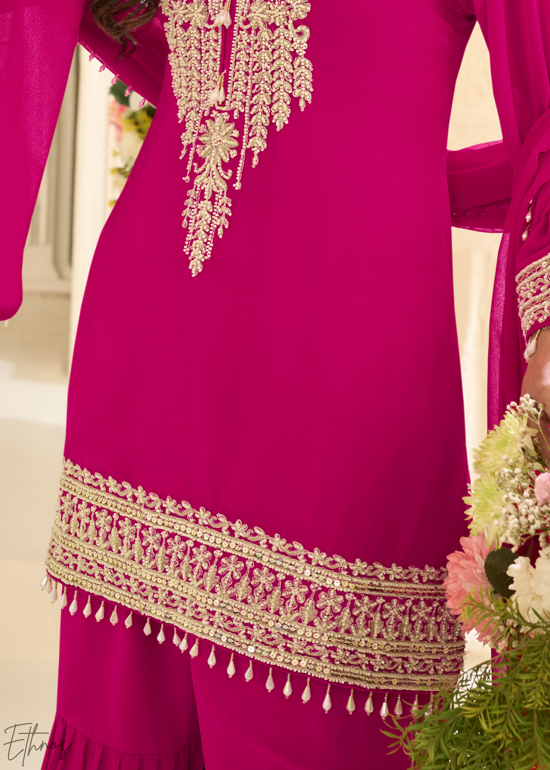 Hot Pink Detailed Georgette Sharara Suit