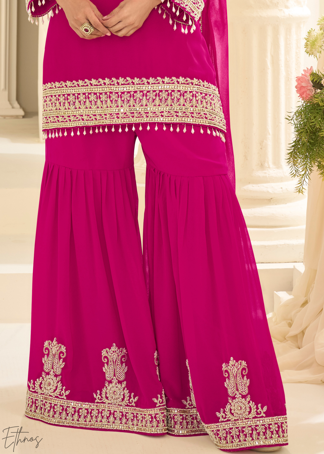 Hot Pink Detailed Georgette Sharara Suit