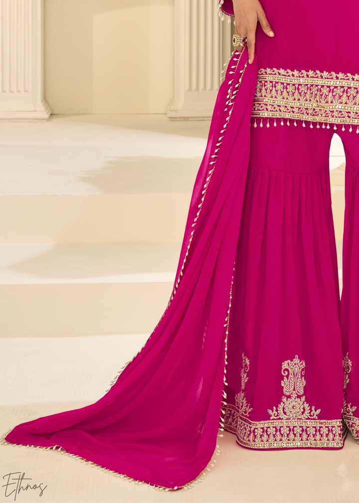 Hot Pink Detailed Georgette Sharara Suit