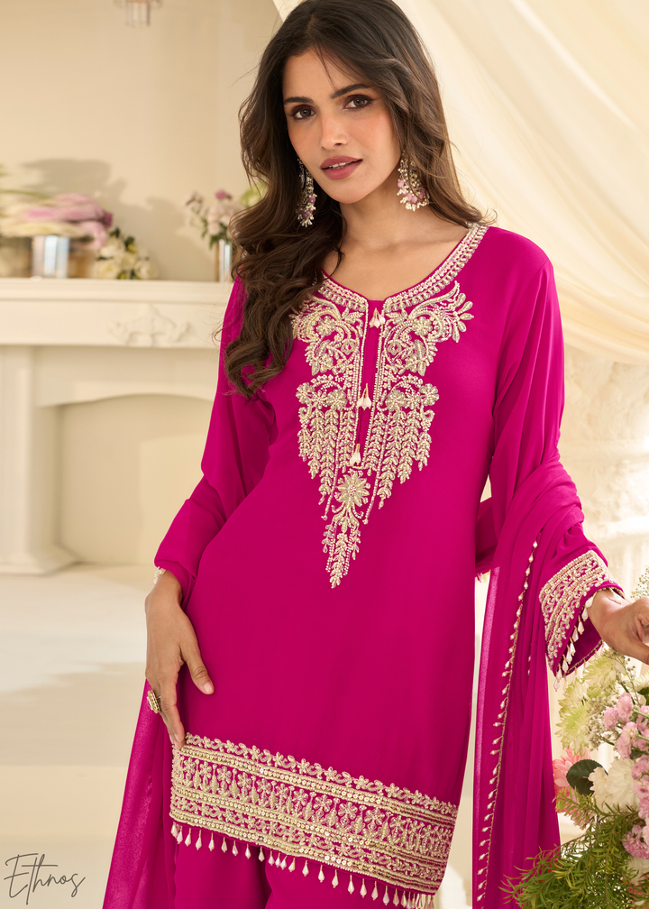 Hot Pink Detailed Georgette Sharara Suit