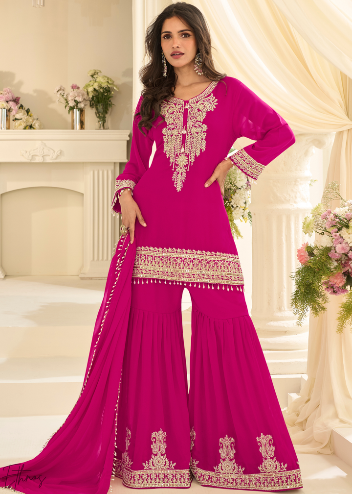 Hot Pink Detailed Georgette Sharara Suit