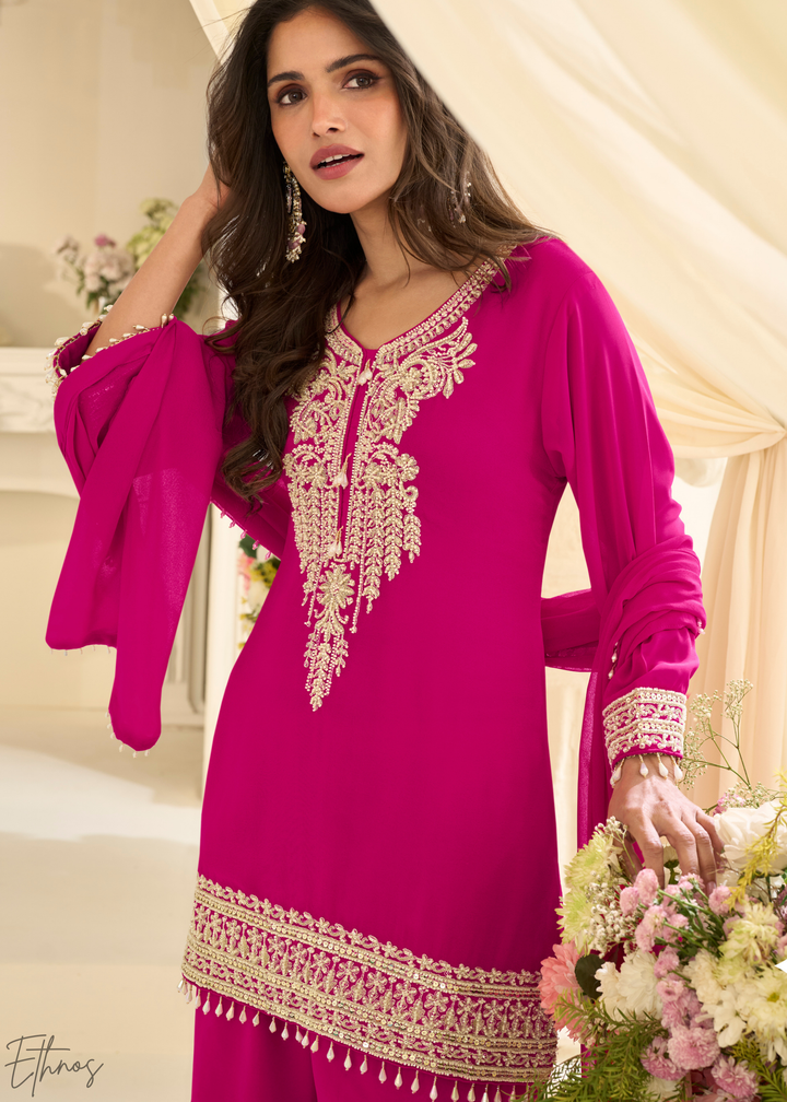Hot Pink Detailed Georgette Sharara Suit
