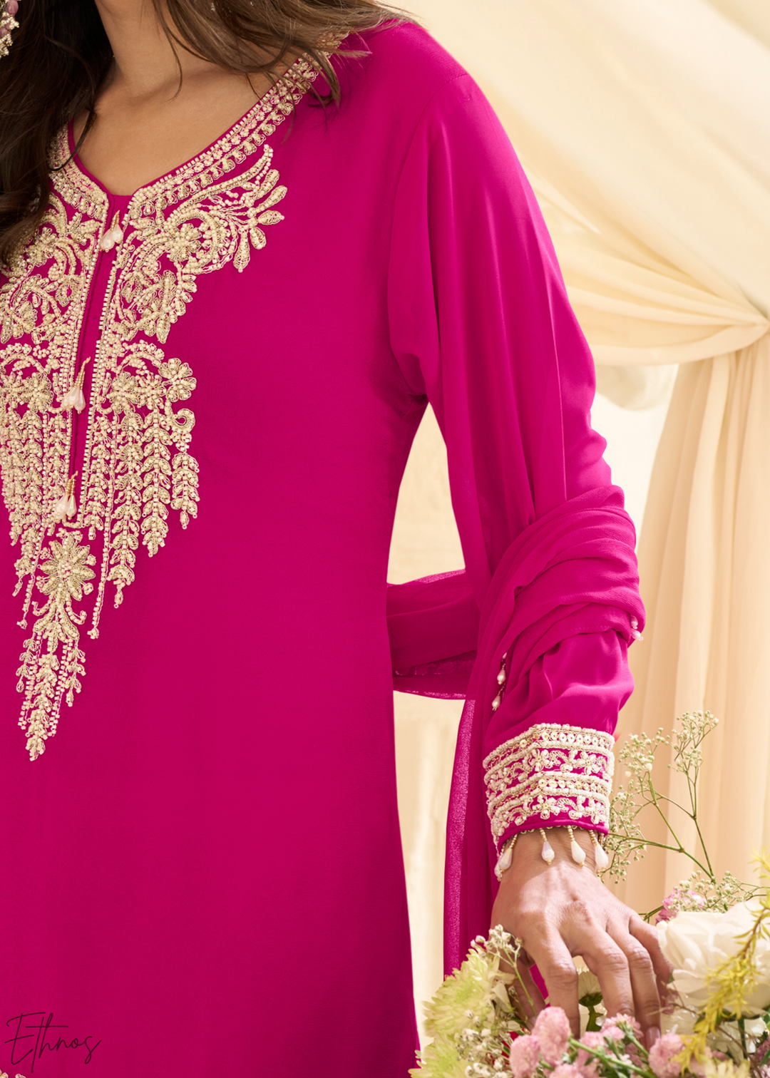 Hot Pink Detailed Georgette Sharara Suit