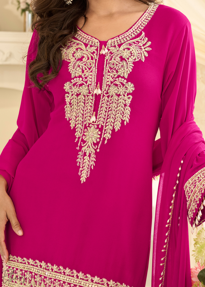 Hot Pink Detailed Georgette Sharara Suit