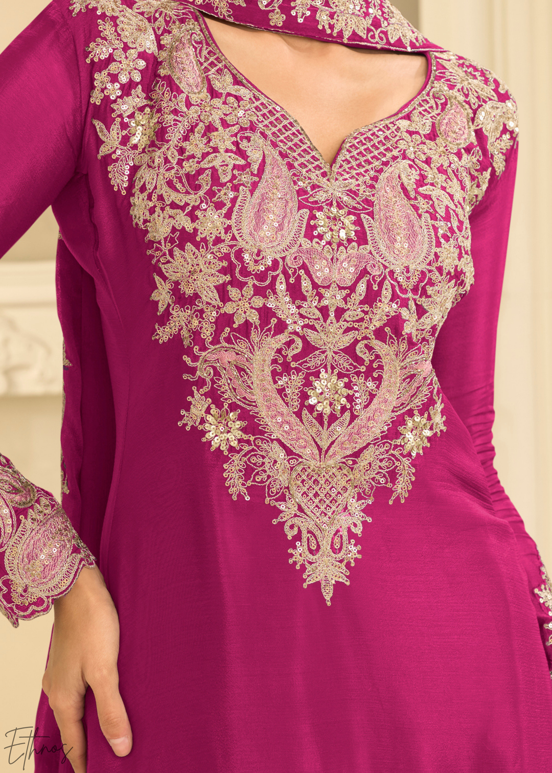 Hot Pink Majestic Baroque Chinon Sharara Suit