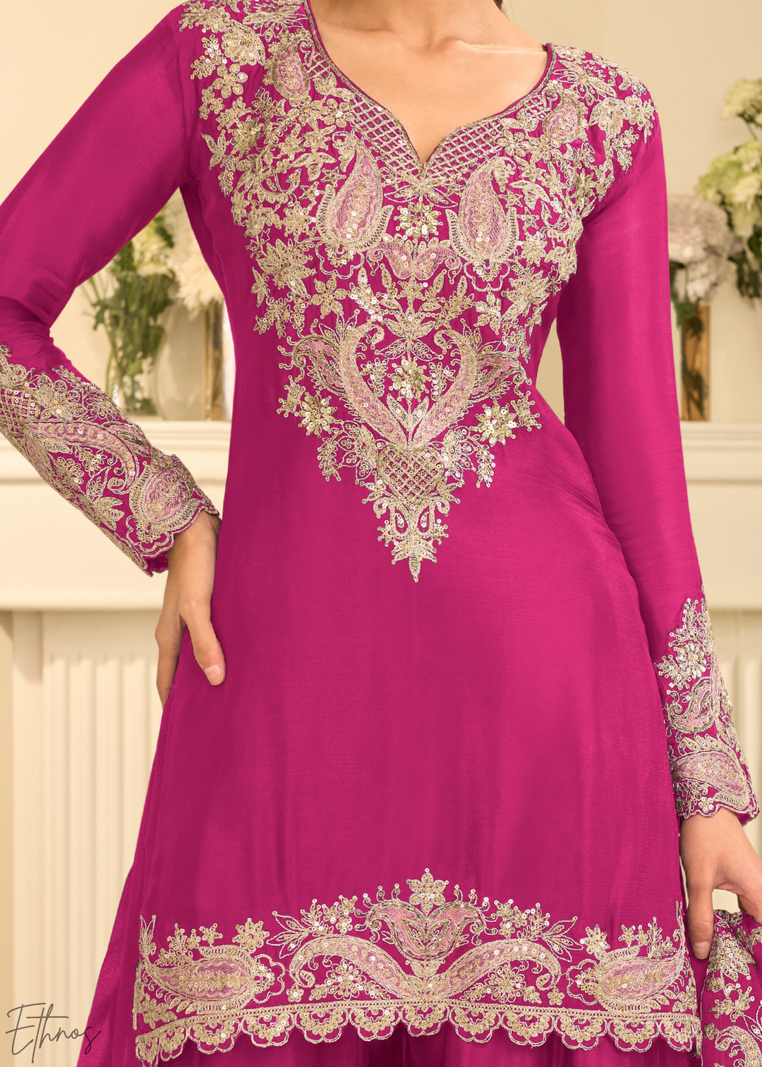 Hot Pink Majestic Baroque Chinon Sharara Suit