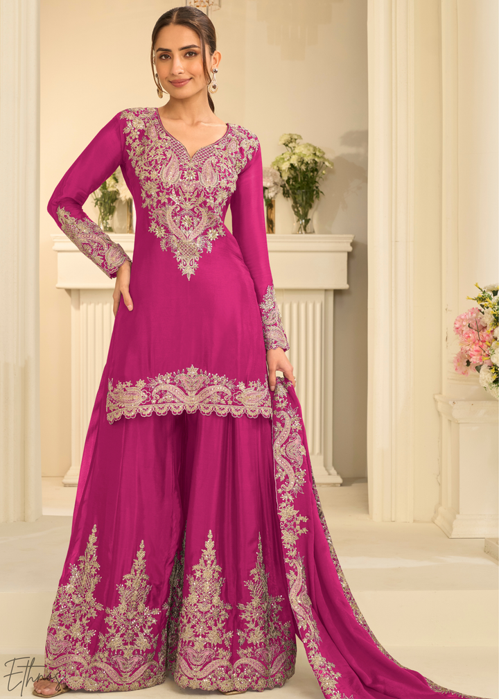Hot Pink Majestic Baroque Chinon Sharara Suit