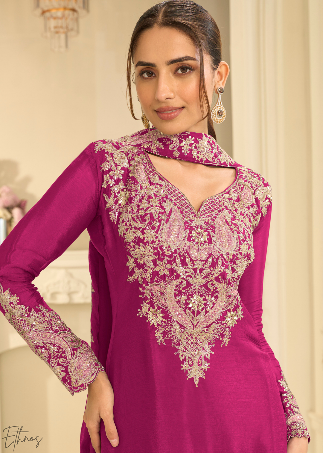 Hot Pink Majestic Baroque Chinon Sharara Suit