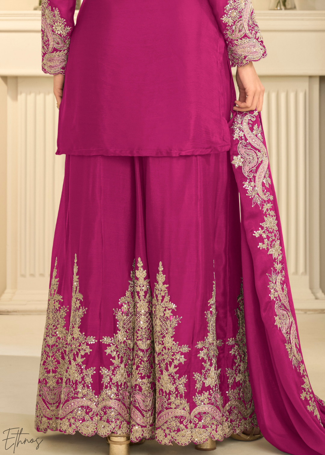 Hot Pink Majestic Baroque Chinon Sharara Suit