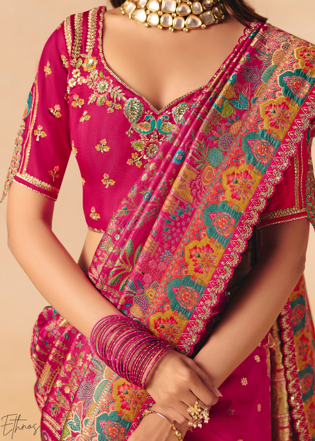 Hot Pink Mughal Dola Silk Saree