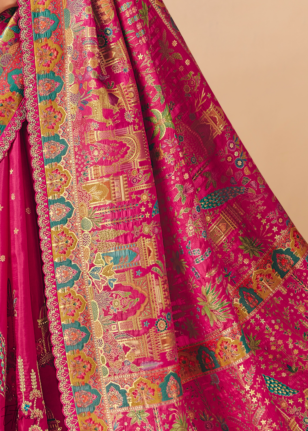 Hot Pink Mughal Dola Silk Saree