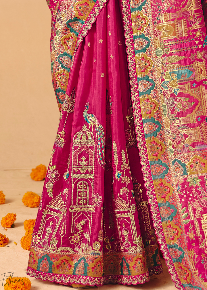 Hot Pink Mughal Dola Silk Saree