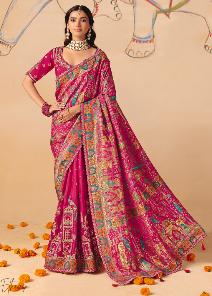 Hot Pink Mughal Dola Silk Saree