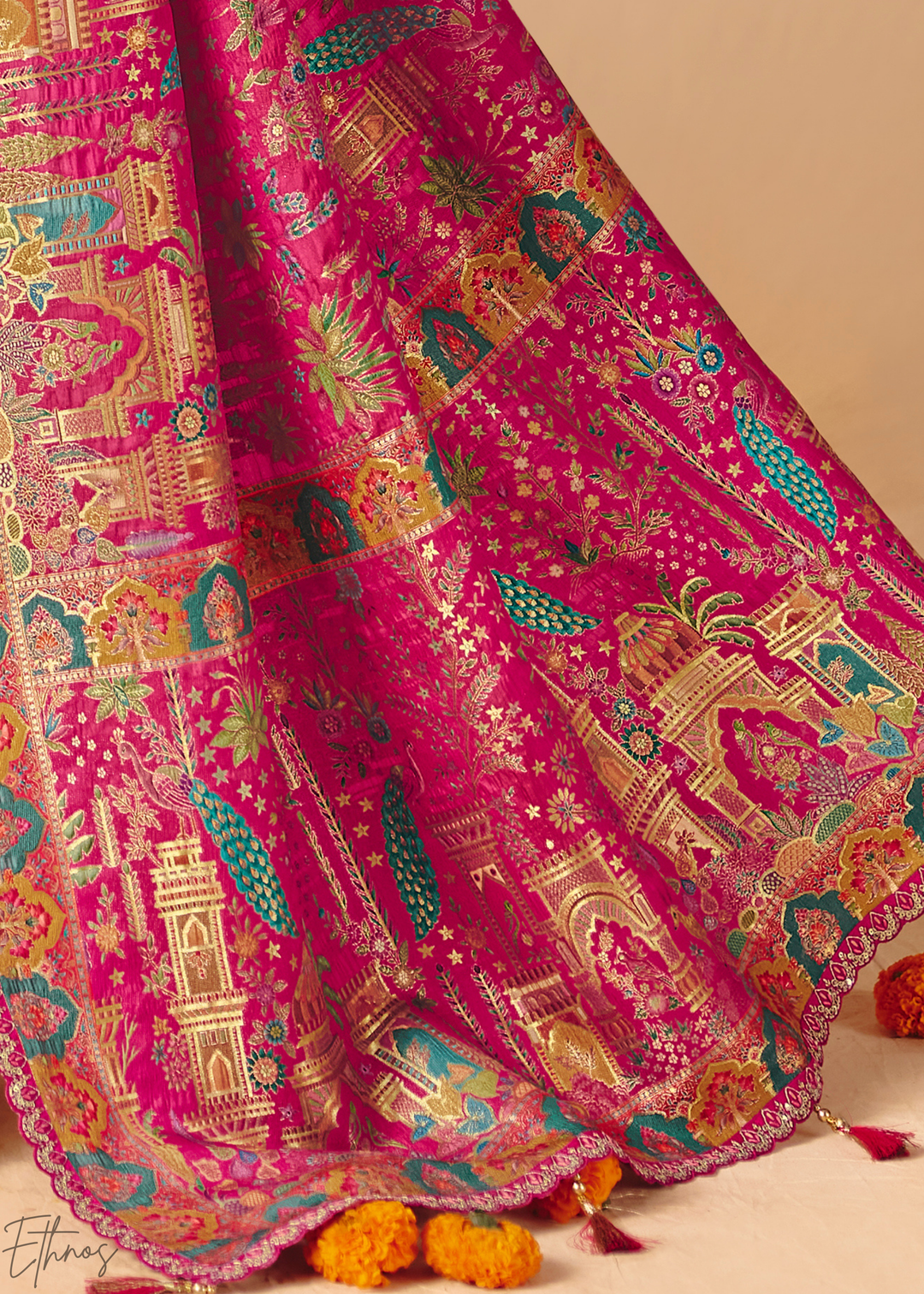 Hot Pink Mughal Dola Silk Saree