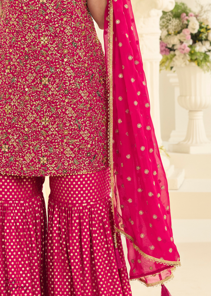 Hot Pink Sequins Georgette Sharara Suit