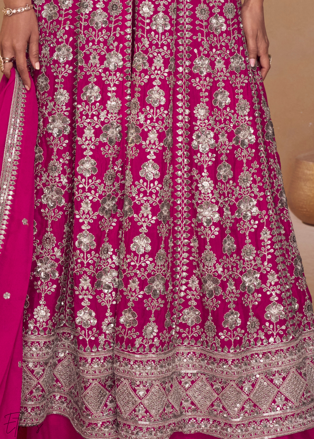 Rose Pink Gilded Chinon Slit-Kalidaar Palazzo Suit