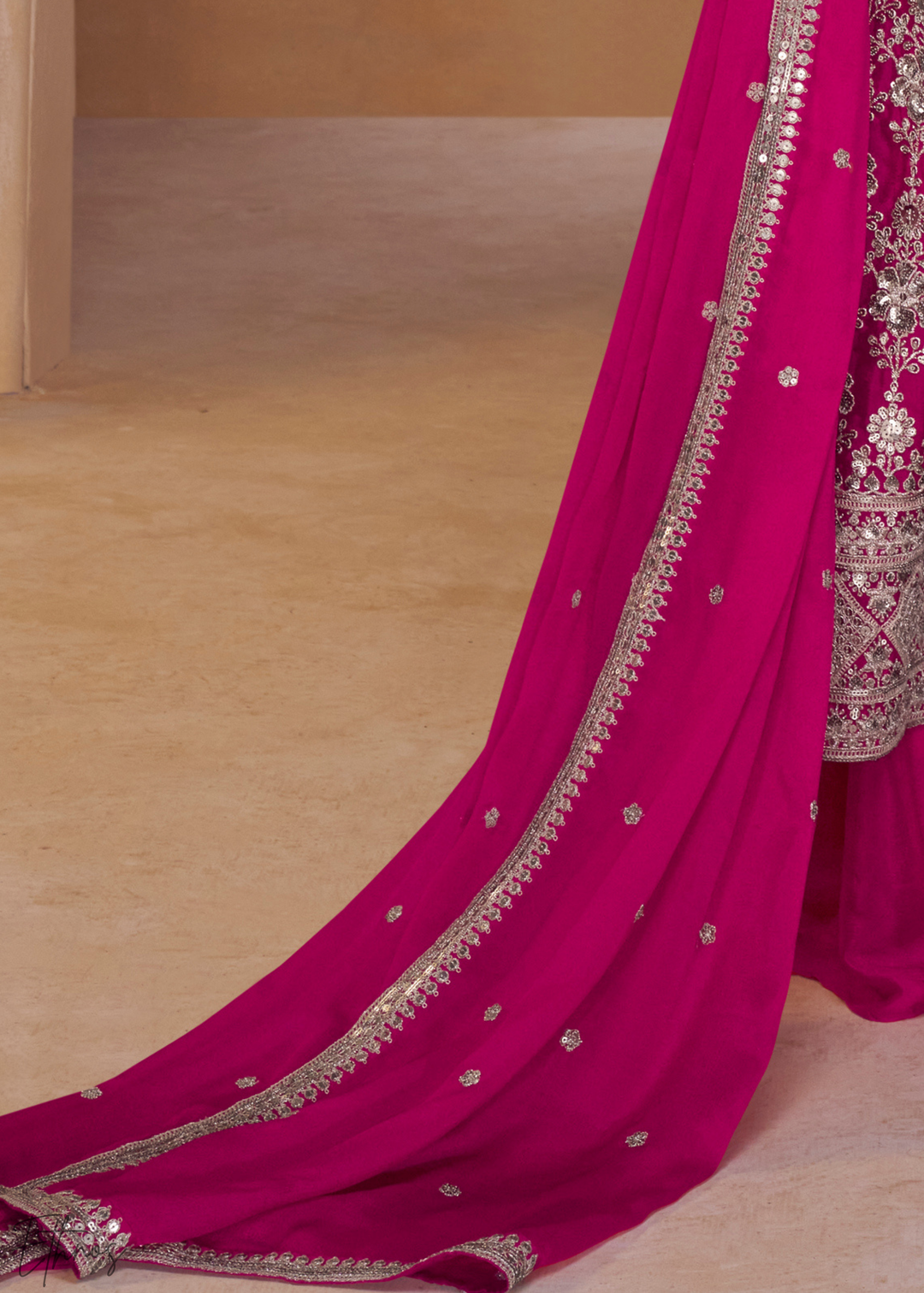 Rose Pink Gilded Chinon Slit-Kalidaar Palazzo Suit
