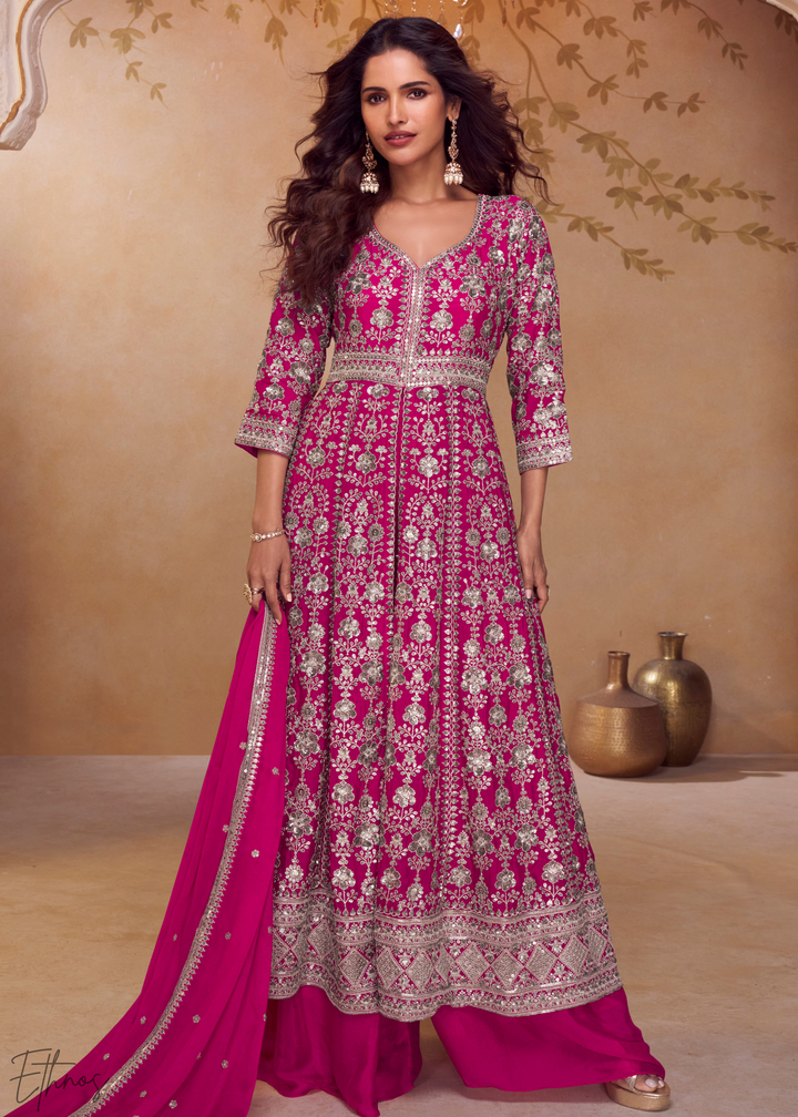 Rose Pink Gilded Chinon Slit-Kalidaar Palazzo Suit